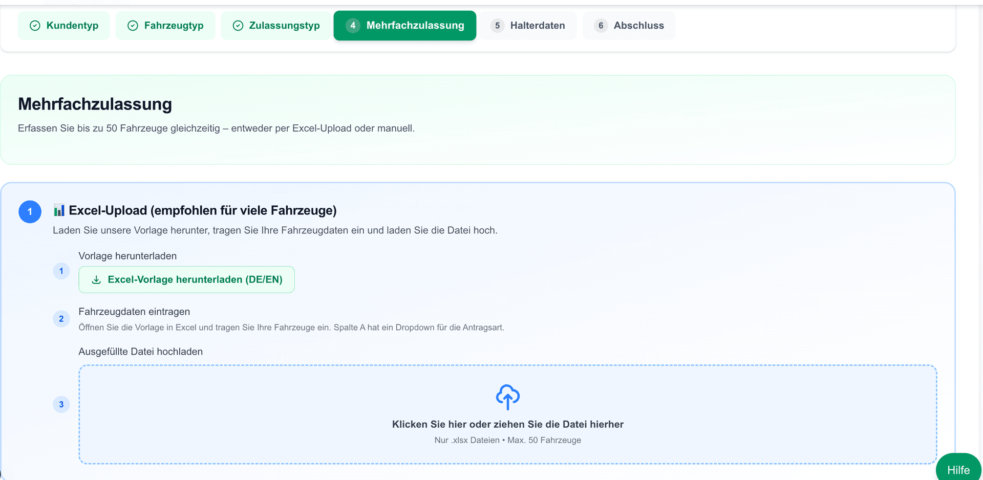 Mehrfachzulassung - Excel-Upload für bis zu 50 Fahrzeuge